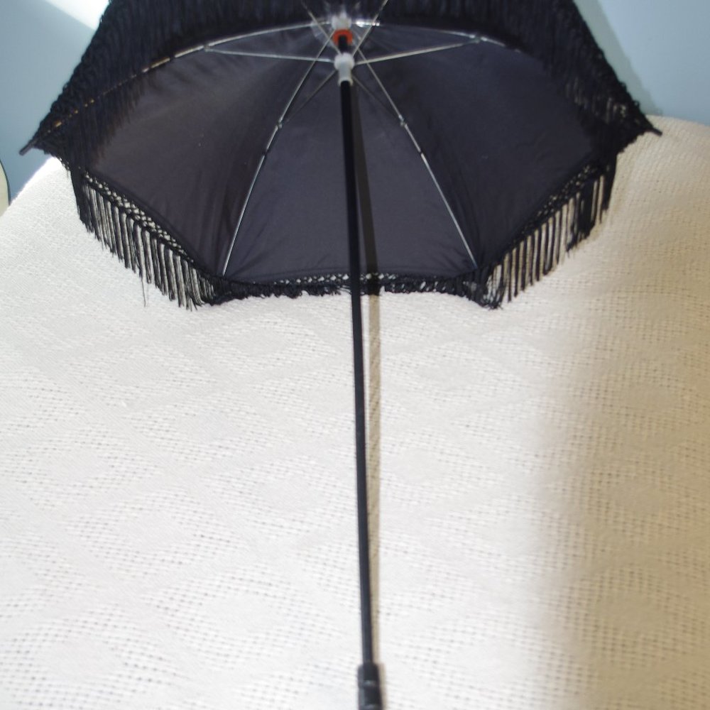 COPY - GOTH- STEAMPUNK- ELSIE MASSEY PARASOL BLACK WITH APPLIQUE AND FRINGE